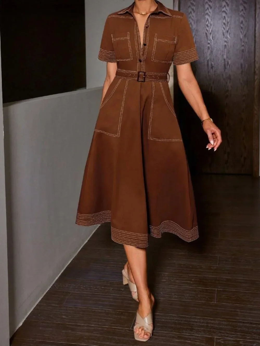 Vintage Inspired Brown Midi Shirt Dress | Elegant Collared Button Front Belted - Picture 3 of 6